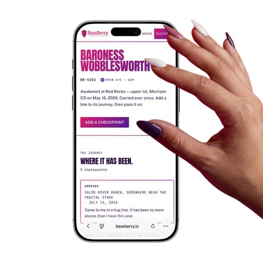 A hand reaching to a phone, a berry's journey open on the screen.